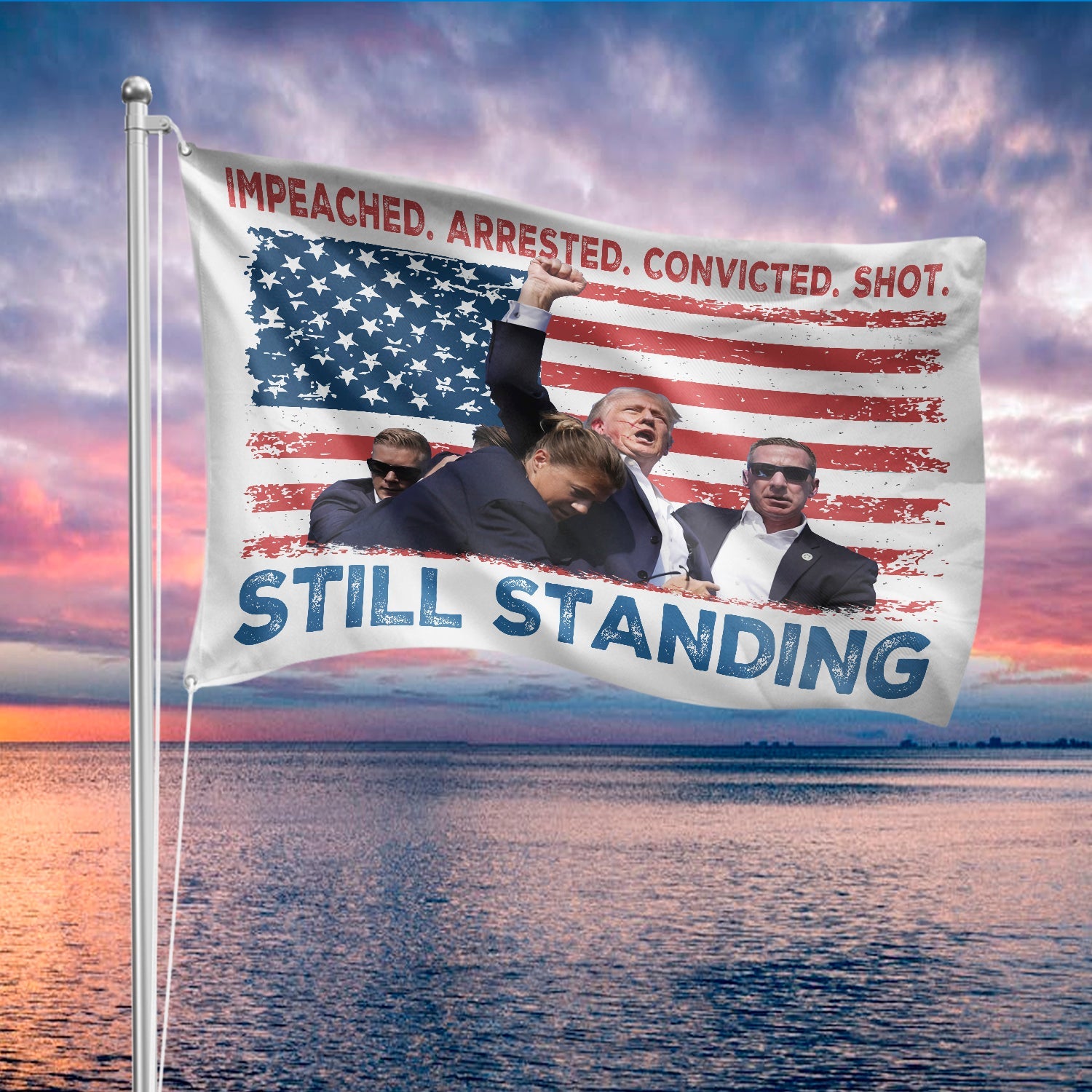 Impeached Arrested Convicted Shot Still Standing Trump House Flag HA75 63134